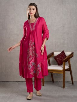 FASHOR - Floral Embroidered A-Line Kurta With Pant & Dupatta