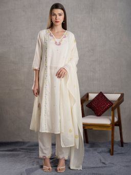 FASHOR - Floral Embroidered A-Line Panelled Kurta With Pant & Dupatta