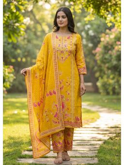 FASHOR - Ethnic Floral Printed Straight Kurta With Pant & Dupatta