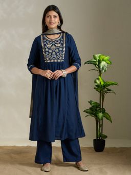 FASHOR - Ethnic Embroidered A-Line Pleated Kurta With Pant & Dupatta