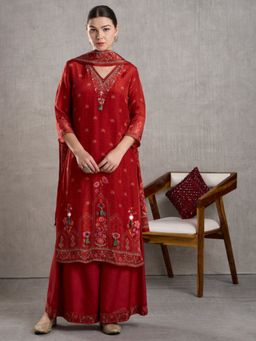 FASHOR - Ethnic Floral Printed Embroidered Kurta With Palazzo & Dupatta