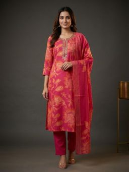 FASHOR - Ethnic Printed Straight Embroidered Kurta With Pant & Dupatta
