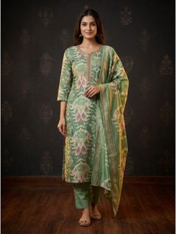 FASHOR - Ikat Printed Straight Kurta With Pant & Dupatta