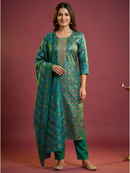 FASHOR - Kalamkari Printed Straight Kurta With Pant & Dupatta