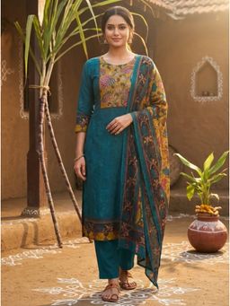 FASHOR - Floral Printed Jacquard Kurta With Pant & Dupatta