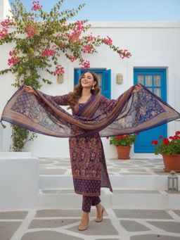 FASHOR - Floral Printed Angarkha Kurta With Pant & Dupatta