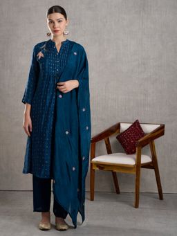 FASHOR - Floral Embroidered Jacquard Navy Blue Kurta With Pant & Dupatta