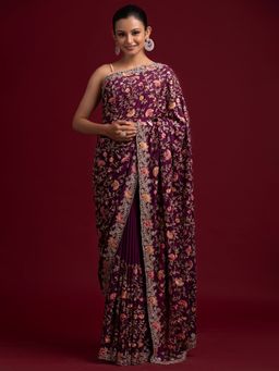 Koskii - Wine Silver Stonework Semi Crepe Designer Saree with Unstitched Blouse