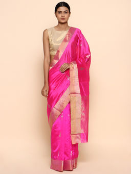 CHOWDHRAIN - Rajnigandha - Pink Chanderi Pure Silk Saree with Unstitched Blouse Piece