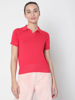 VERO MODA - Women Solid Pink Polo T-Shirt