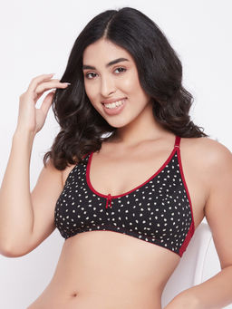 Clovia - Cotton Non Padded Wirefree Polka Printed Full Coverage Racerback Bra - Black