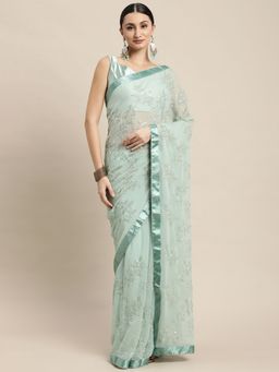 VAIRAGEE - Turquoise Floral Sequined Saree with Unstitched Blouse