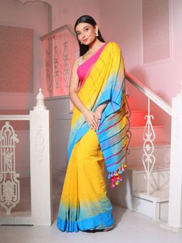 CHARUKRITI - Yellow Cotton Handwoven Saree with Ikkat Design with Unstitched Blouse