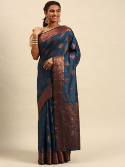 Sangam Prints - Navy Blue Cotton Silk Woven Zari Work Traditional Saree with Unstitched Blouse