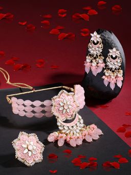 Zaveri Pearls - Pink Meenakari Multistrand Choker Necklace Earring & Ring Set-ZPFK15566