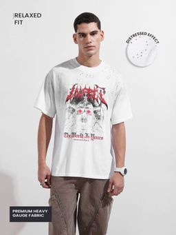 The Indian Garage Co - Men White Relaxed Fit Graphic Half Sleeves T-shirt