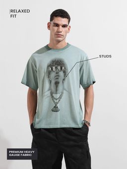 The Indian Garage Co - Men Green Relaxed Fit Graphic Stud Half Sleeves T-shirt