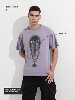 The Indian Garage Co - Men Purple Relaxed Fit Graphic Stud Half Sleeves T-shirt