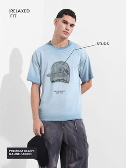 The Indian Garage Co - Men Blue Relaxed Fit Graphic Stud Half Sleeves T-shirt