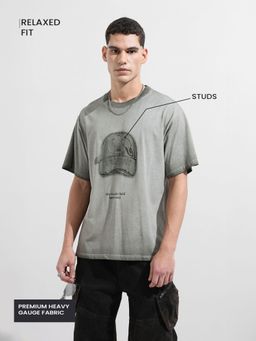 The Indian Garage Co - Men Grey Relaxed Fit Graphic Stud Half Sleeves T-shirt