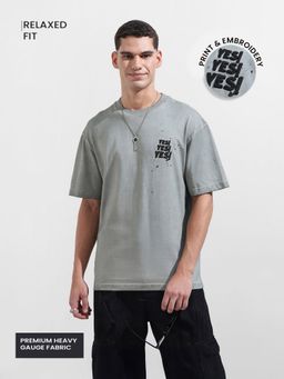 The Indian Garage Co - Men Grey Relaxed Fit Embroidered Half Sleeves T-shirt