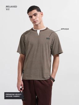 The Indian Garage Co - Men Brown Relaxed Fit Stripes Half Sleeves T-shirt