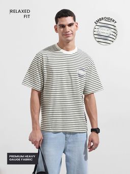 The Indian Garage Co - Men Off White Relaxed Fit Stripes Half Sleeves T-shirt