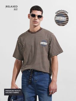 The Indian Garage Co - Men Brown Relaxed Fit Stripes Half Sleeves T-shirt