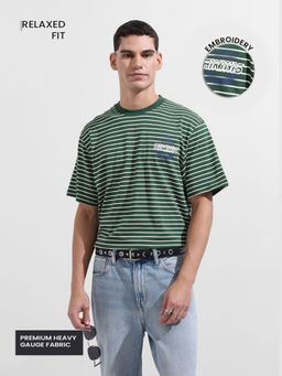 The Indian Garage Co - Men Green Relaxed Fit Stripes Half Sleeves T-shirt