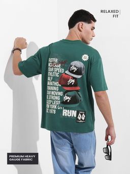 The Indian Garage Co - Men Green Relaxed Fit Typography Half Sleeves T-shirt
