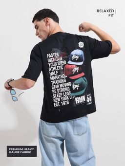 The Indian Garage Co - Men Black Relaxed Fit Typography Half Sleeves T-shirt