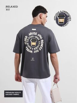 The Indian Garage Co - Men Grey Relaxed Fit Typography Printed Half Sleeves T-shirt