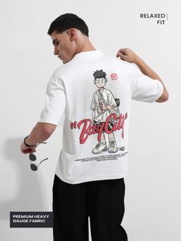 The Indian Garage Co - Men White Relaxed Fit Graphic Embroidered Half Sleeves T-shirt