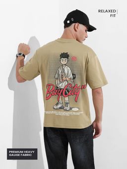 The Indian Garage Co - Men Beige Relaxed Fit Graphic Embroidered Half Sleeves T-shirt