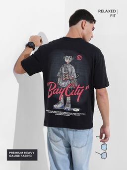 The Indian Garage Co - Men Black Relaxed Fit Graphic Embroidered Half Sleeves T-shirt