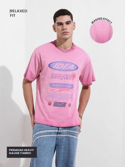 The Indian Garage Co - Men Pink Relaxed Fit Typography Printed Half Sleeves T-shirt