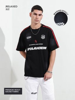 The Indian Garage Co - Men Black Relaxed Fit Typography Printed Half Sleeves T-shirt