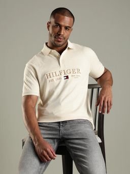 Tommy Hilfiger - Men Beige Brand Logo Regular Fit Cotton Polo T-shirt