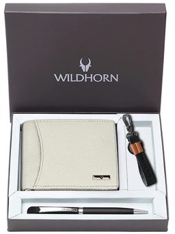 WILDHORN - Beige Gift Hamper for Men Top Grain Leather Wallet, Keychain & Pen Combo Gift Set