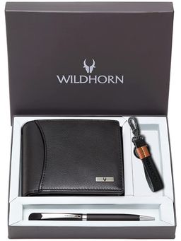 WILDHORN - Black Gift Hamper for Men Top Grain Leather Wallet, Keychain & Pen Combo Gift Set