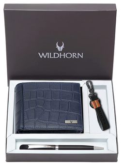 WILDHORN - Blue Gift Hamper for Men Top Grain Leather Wallet, Keychain & Pen Combo Gift Set