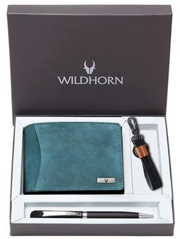 WILDHORN - Blue Gift Hamper for Men Top Grain Leather Wallet, Keychain & Pen Combo Gift Set