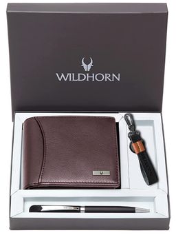 WILDHORN - Brown Gift Hamper for Men Top Grain Leather Wallet, Keychain & Pen Combo Gift Set