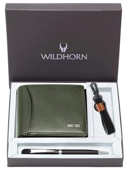 WILDHORN - Green Gift Hamper for Men Top Grain Leather Wallet, Keychain & Pen Combo Gift Set