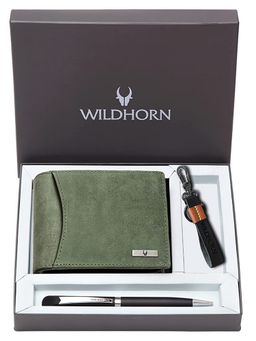 WILDHORN - Green Gift Hamper for Men Top Grain Leather Wallet, Keychain & Pen Combo Gift Set