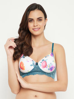 Clovia - Padded Non-Wired Full Cup Floral Print Multiway T-Shirt Bra in White