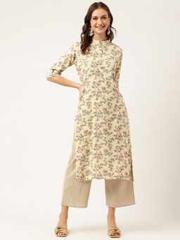 Divena - Floral Printed Straight Kurta - Beige