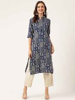 Divena - Floral Printed Straight Kurta - Blue