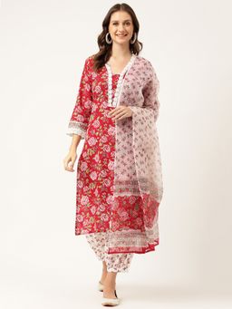 Divena - Floral Handblock Cotton Kurta With Salwar And Dupatta (Set of 3)