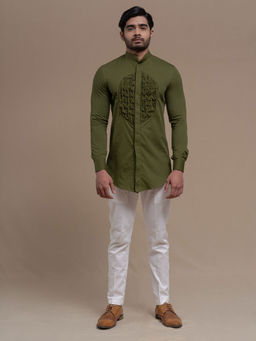 Runit Gupta - Olive Smocking Short Kurta-tuxedo Shirt (Set of 2)